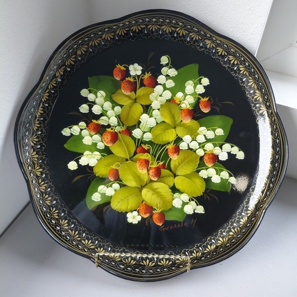 zhostovo Other - VTG Russian Zhostovo Hand Painted Floral Metal TRAY Folk Art Signed Strawberries